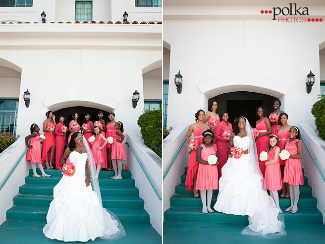 los angeles wedding photographer, african american wedding, san pedro wedding, plaza at cabrillo marina, wedding, coral wedding, gold wedding, bridal party
